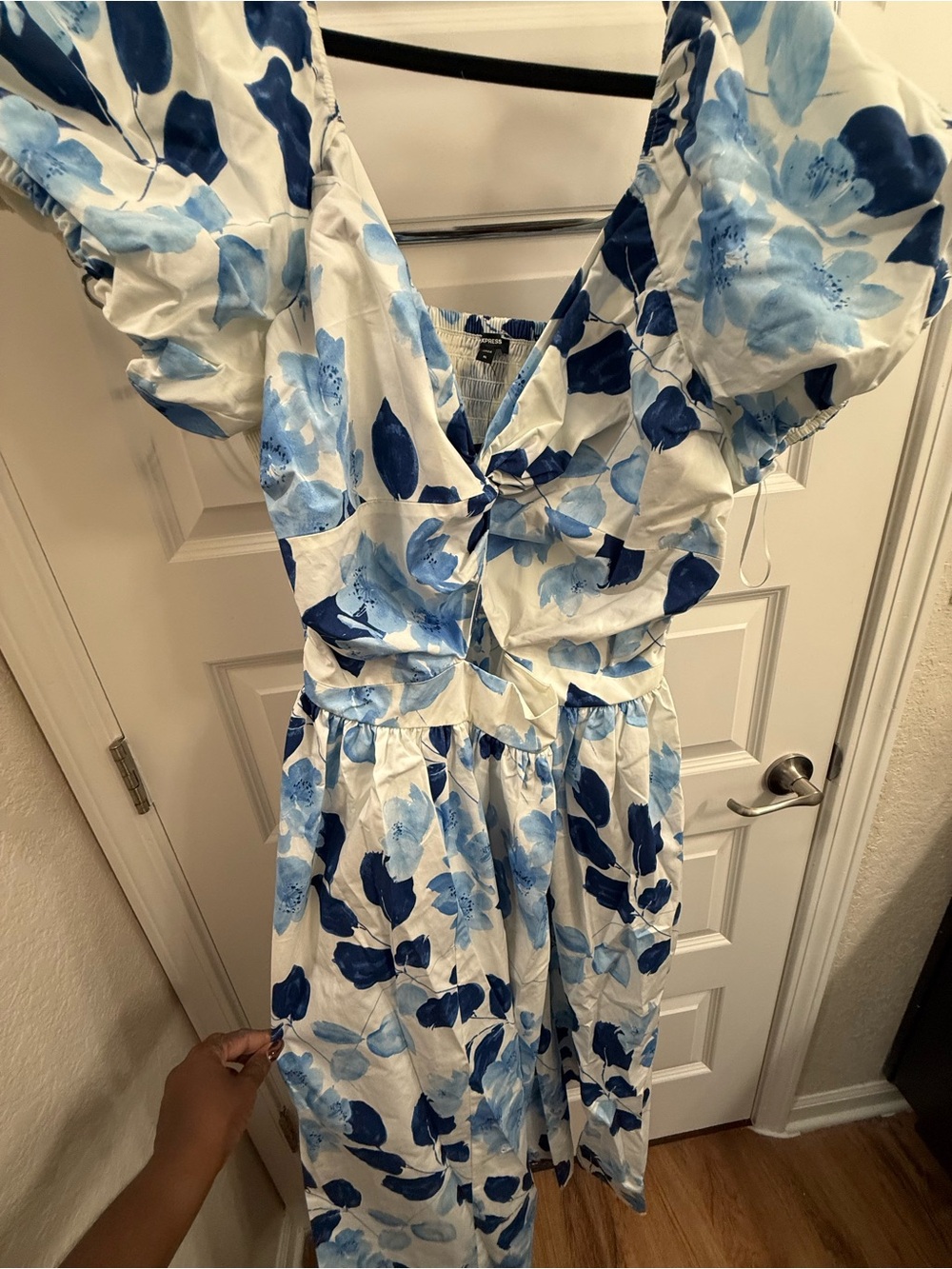 Express White Midi Dress with Blue Floral Print